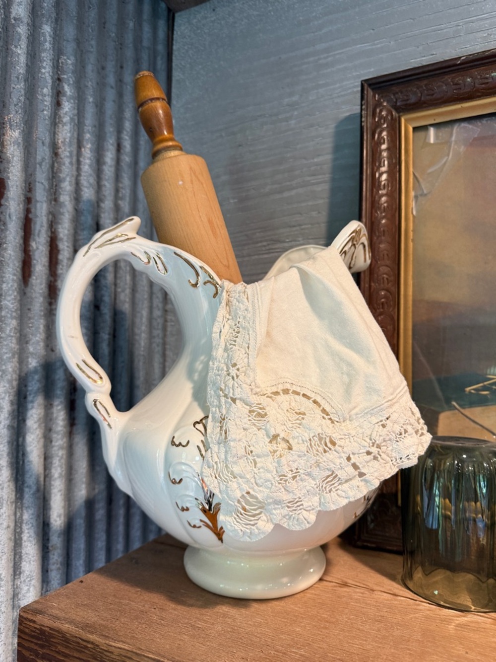 White Decorative Ceramic Pitcher with Lace Cloth